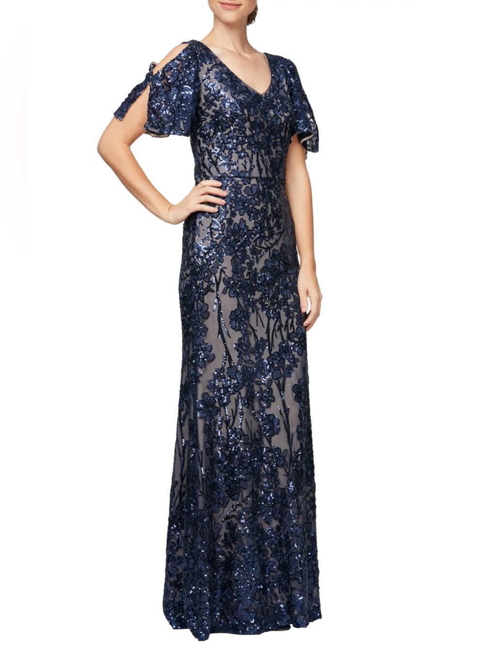 Alex Evenings Navy Sequin Lace Cold Shoulder Trumpet Evening Gown